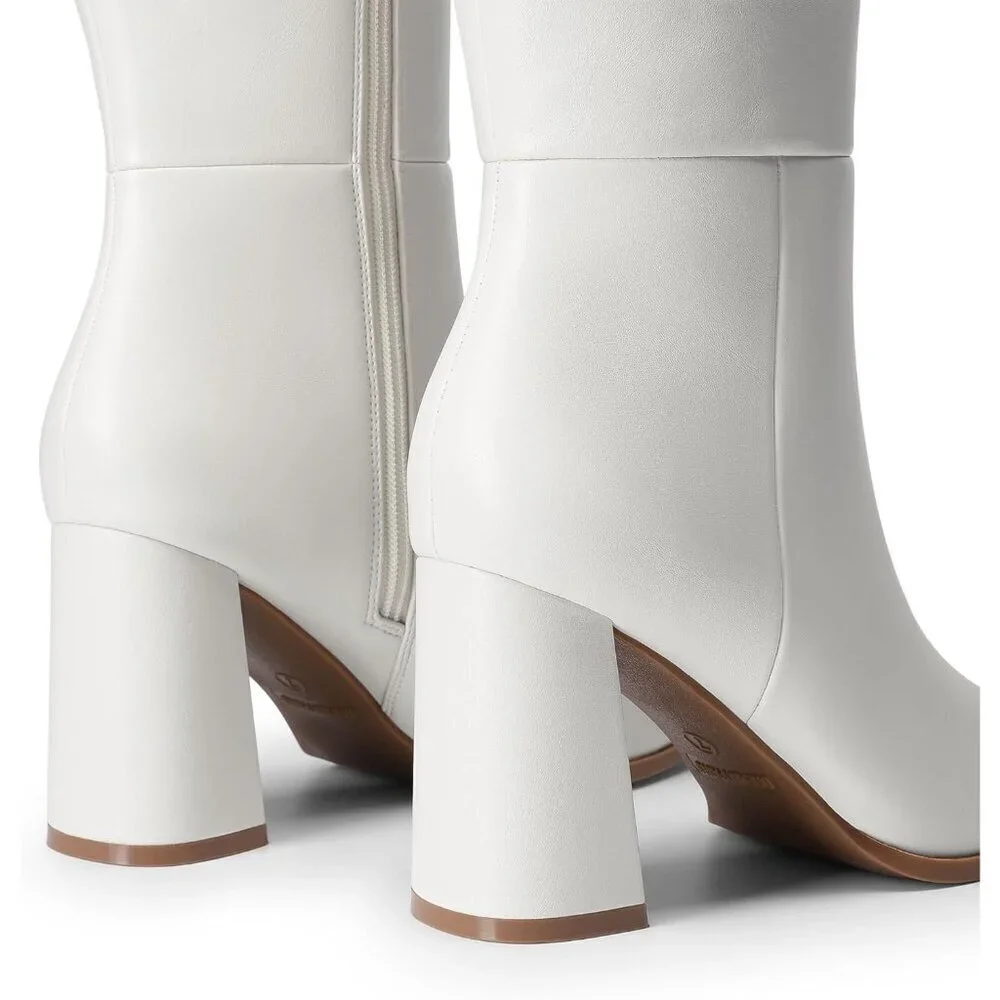 Women's White Faux Leather Thigh High Block Chunky Heeled Knee High Long Boots